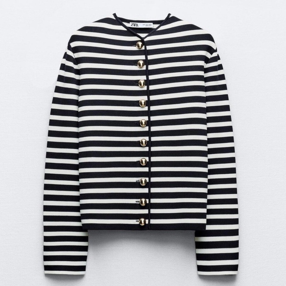 NWOT ZARA Knit Cardigan Blazer Gold Buttons Navy White Striped 2142/030 Size S